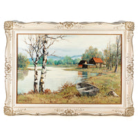 George A. Horvath (Canadian 1933) Riverside Landscape With Birches, Boat, And Buildings