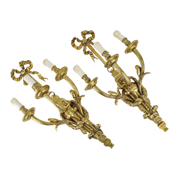 Louis Style Bronze Three Arm Wall Sconces Set of 2