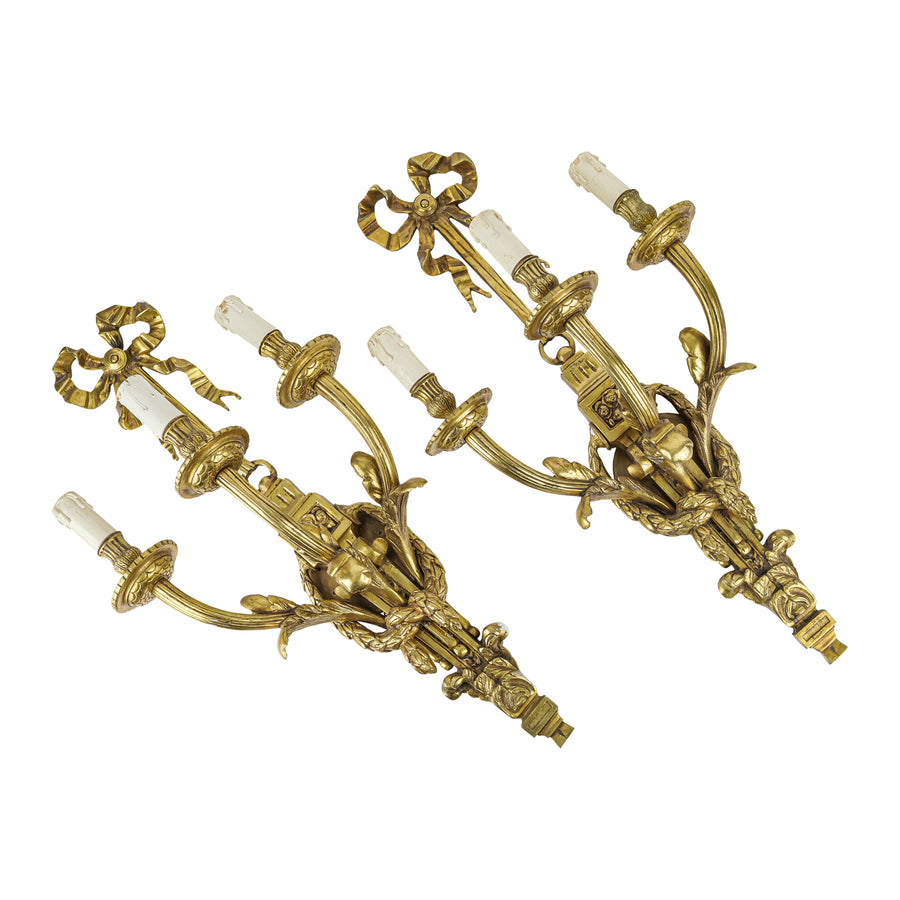 Louis Style Bronze Three Arm Wall Sconces Set of 2