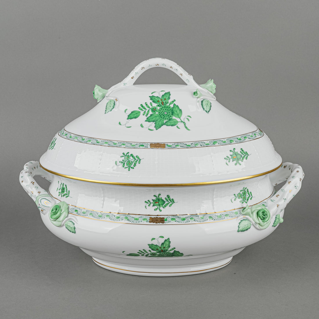 HEREND Chinese Bouquet Green Oval Covered Tureen with Branch
