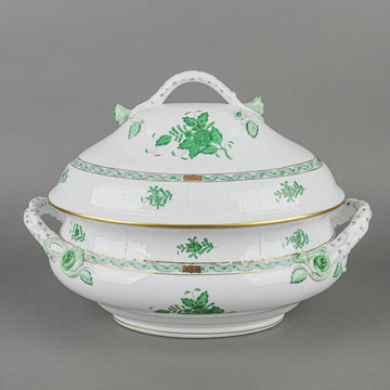 HEREND Chinese Bouquet Green Oval Covered Tureen with Branch