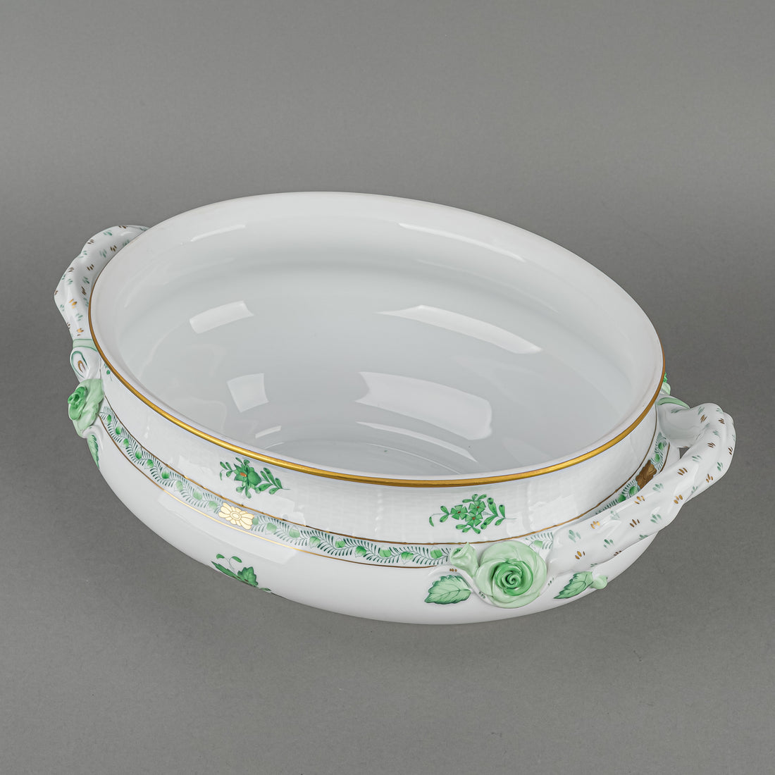 HEREND Chinese Bouquet Green Oval Covered Tureen with Branch