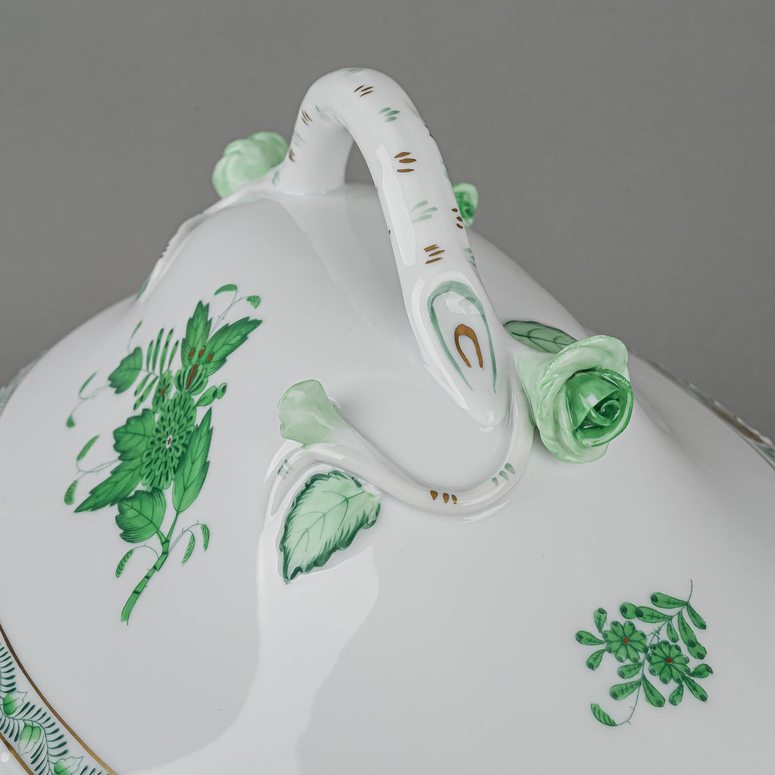 HEREND Chinese Bouquet Green Oval Covered Tureen with Branch