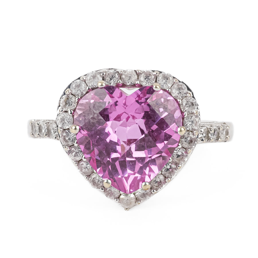 10K White Gold Heart Shaped Synthetic Pink White Sapphire Ring