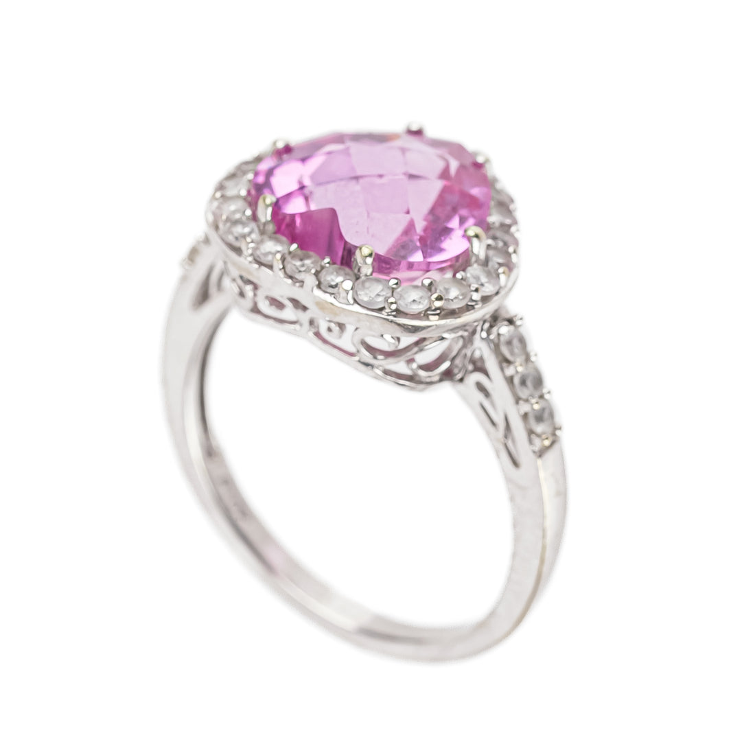 10K White Gold Heart Shaped Synthetic Pink White Sapphire Ring