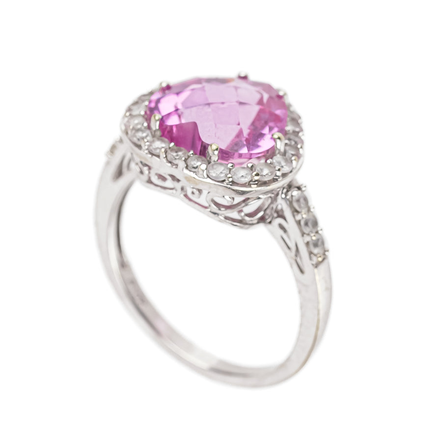 10K White Gold Heart Shaped Synthetic Pink White Sapphire Ring