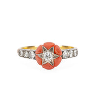 18K Yellow Gold Silver Coral Diamond Ring