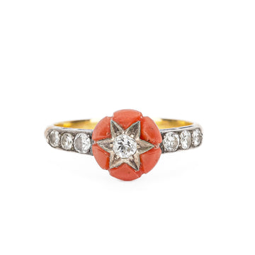18K Yellow Gold Silver Coral Diamond Ring