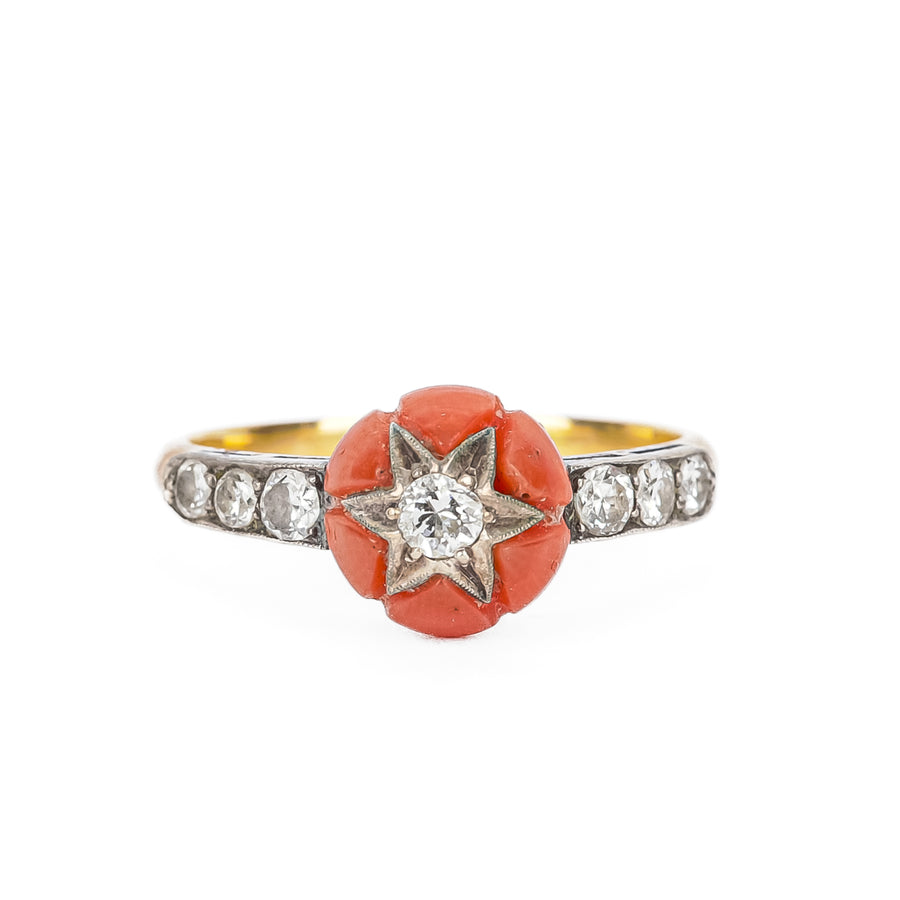 18K Yellow Gold Silver Coral Diamond Ring