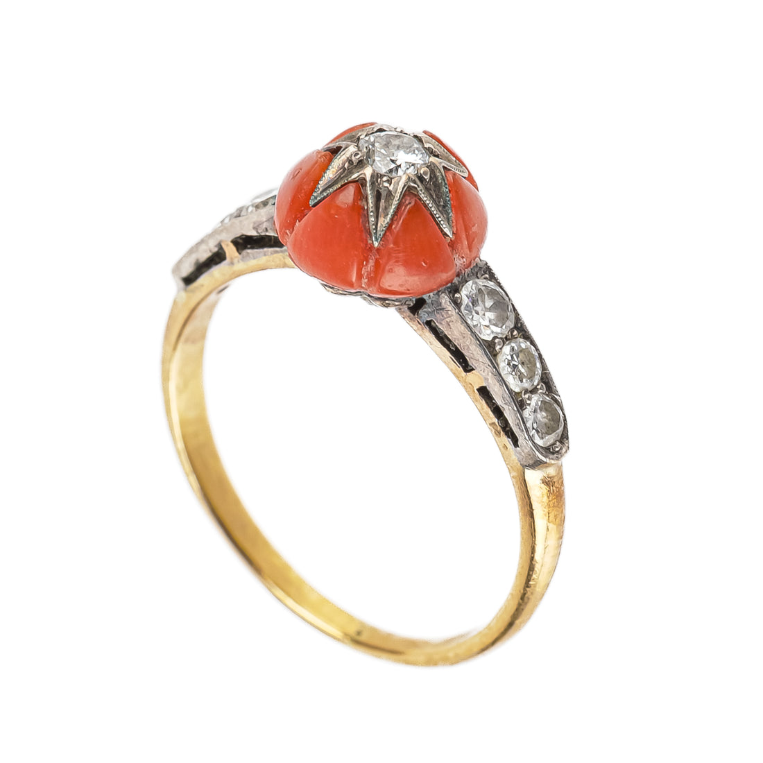 18K Yellow Gold Silver Coral Diamond Ring