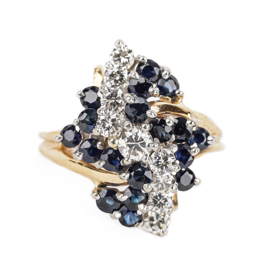 14K Yellow Gold White Gold Diamond Sapphire Cluster Ring