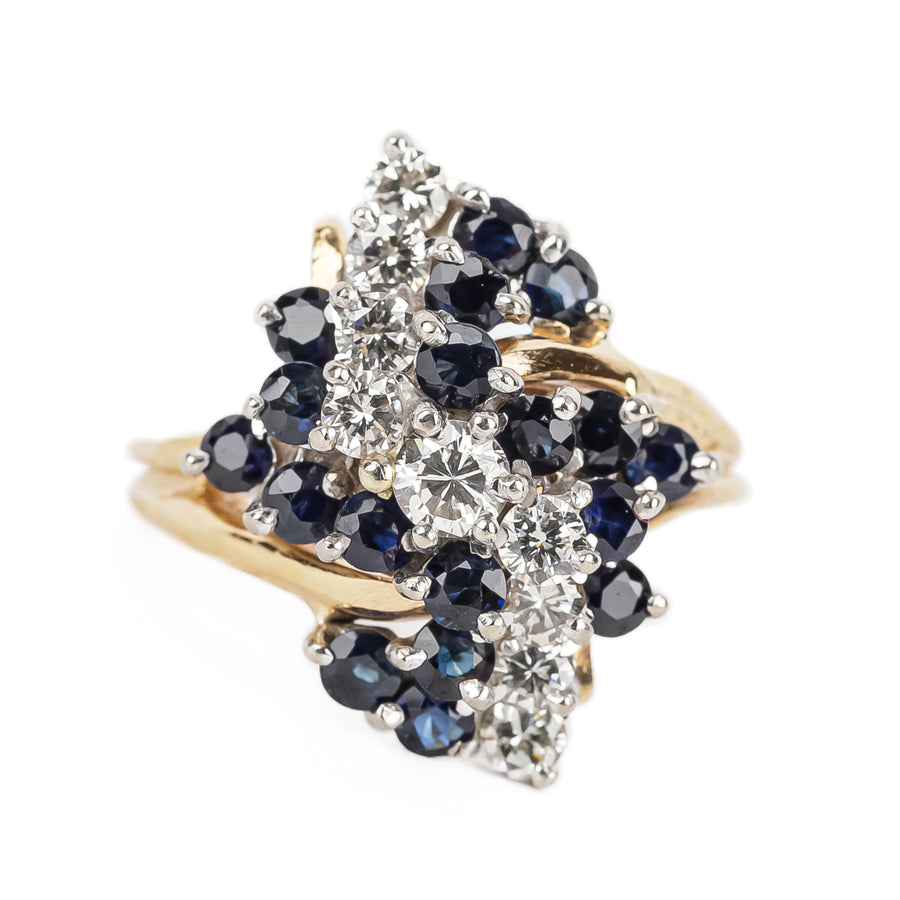 14K Yellow Gold White Gold Diamond Sapphire Cluster Ring