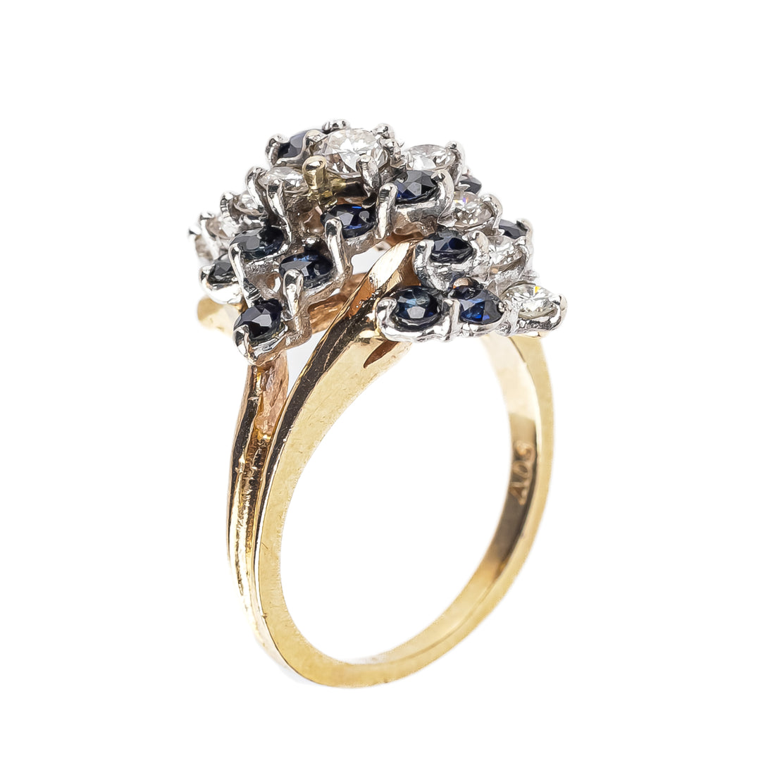 14K Yellow Gold White Gold Diamond Sapphire Cluster Ring