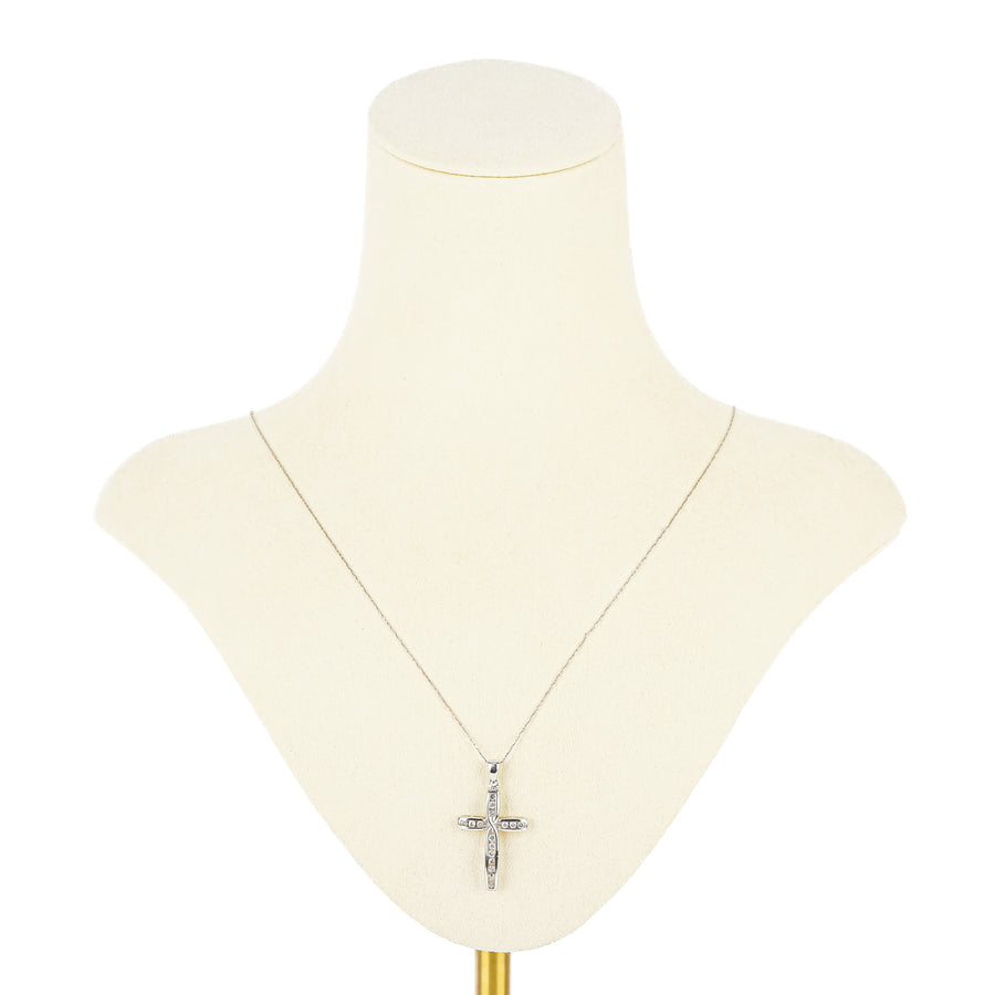 10K White Gold Channel Set Diamond Cross Pendant Necklace