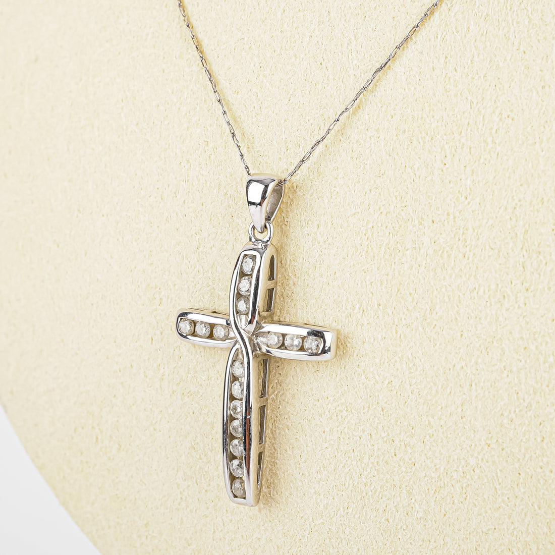 10K White Gold Channel Set Diamond Cross Pendant Necklace