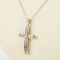 10K White Gold Channel Set Diamond Cross Pendant Necklace