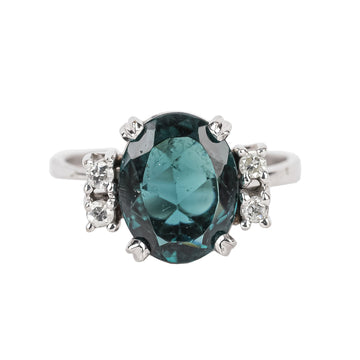 18K White Gold Oval Green Tourmaline Diamond Ring