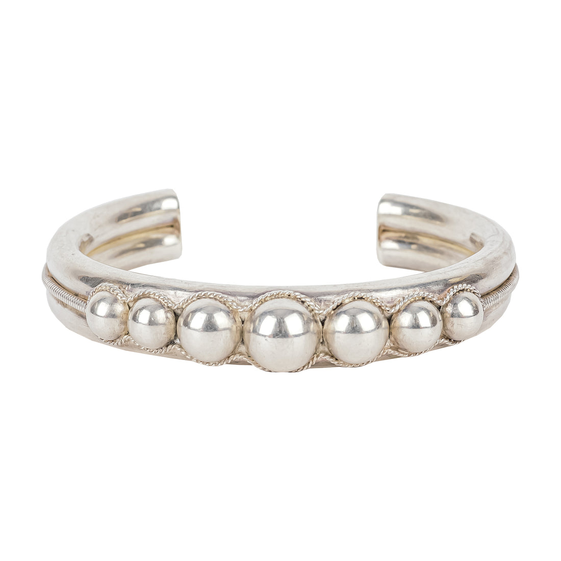 Sterling Graduated Bead Banded Cuff Bracelet