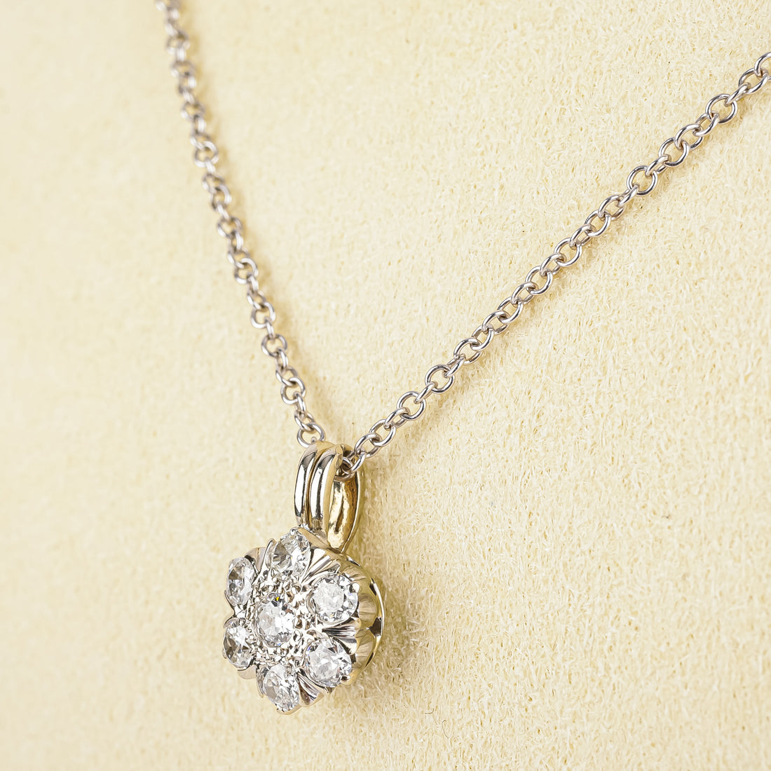 14K White Gold Early Cut Diamond Cluster Pendant Necklace