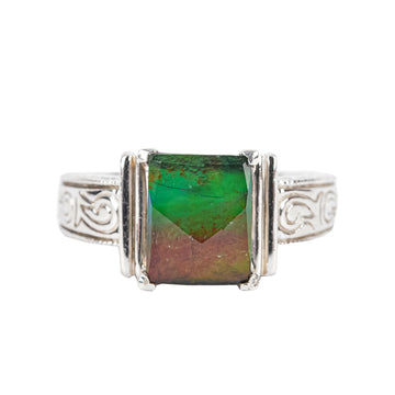 KORITE Chased Sterling Silver Rectangular Ammolite Ring