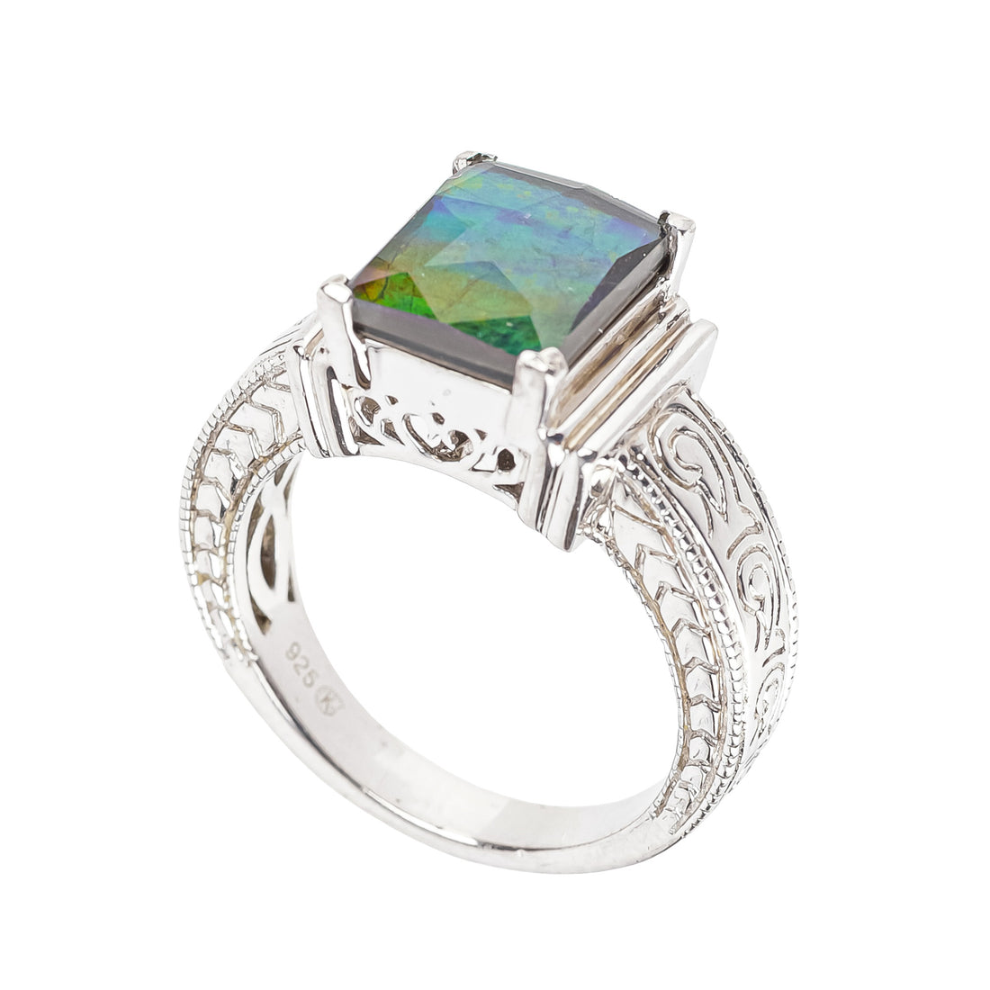 KORITE Chased Sterling Silver Rectangular Ammolite Ring