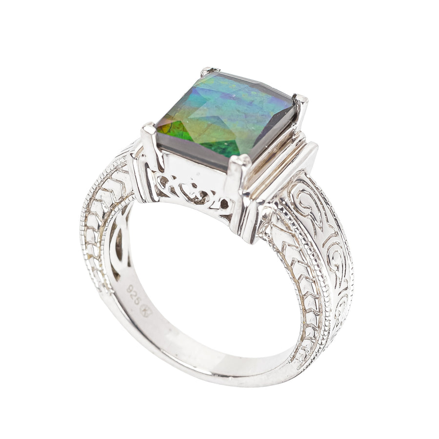 KORITE Chased Sterling Silver Rectangular Ammolite Ring