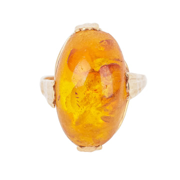 14K Yellow Gold Oval Amber Cabochon Ring