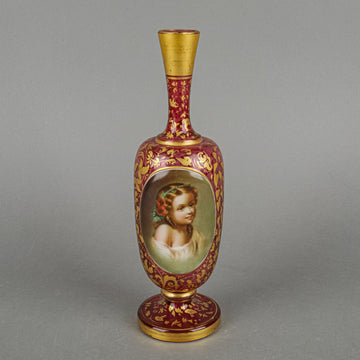 Moser Style Hand Painted Portrait Medallion Cranberry Glass Footed Vase