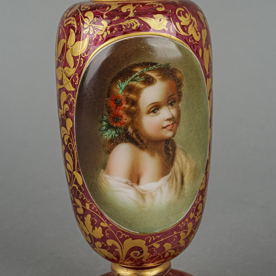 Moser Style Hand Painted Portrait Medallion Cranberry Glass Footed Vase