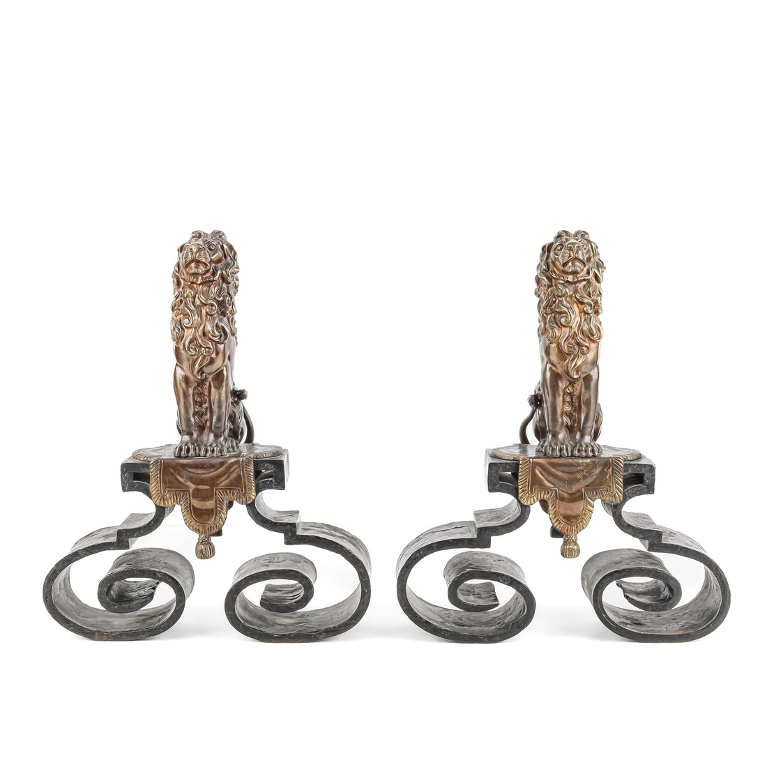 Vintage Bronze & Cast Iron Andirons Lion Motif Set of 2
