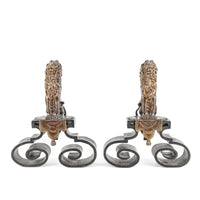 Vintage Bronze & Cast Iron Andirons Lion Motif Set of 2