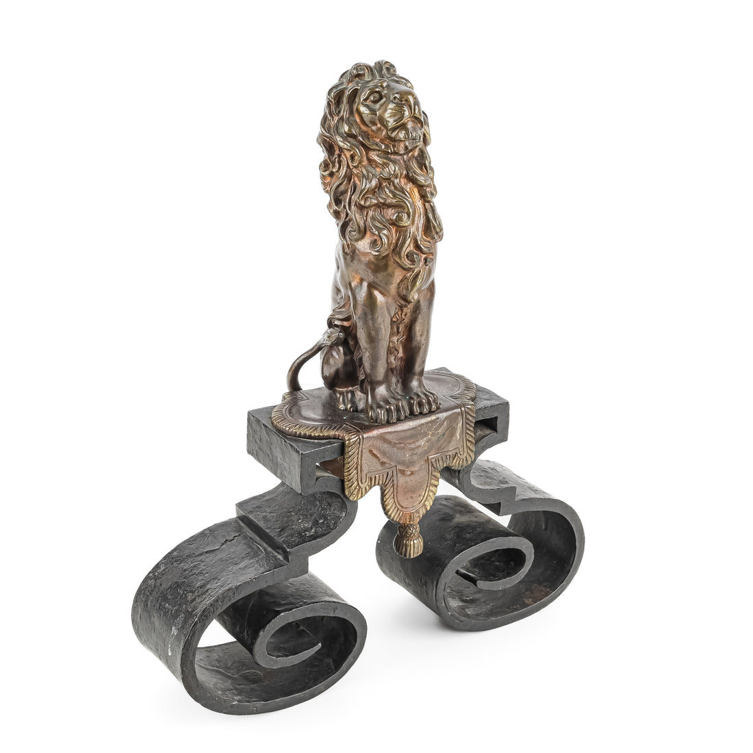 Vintage Bronze & Cast Iron Andirons Lion Motif Set of 2