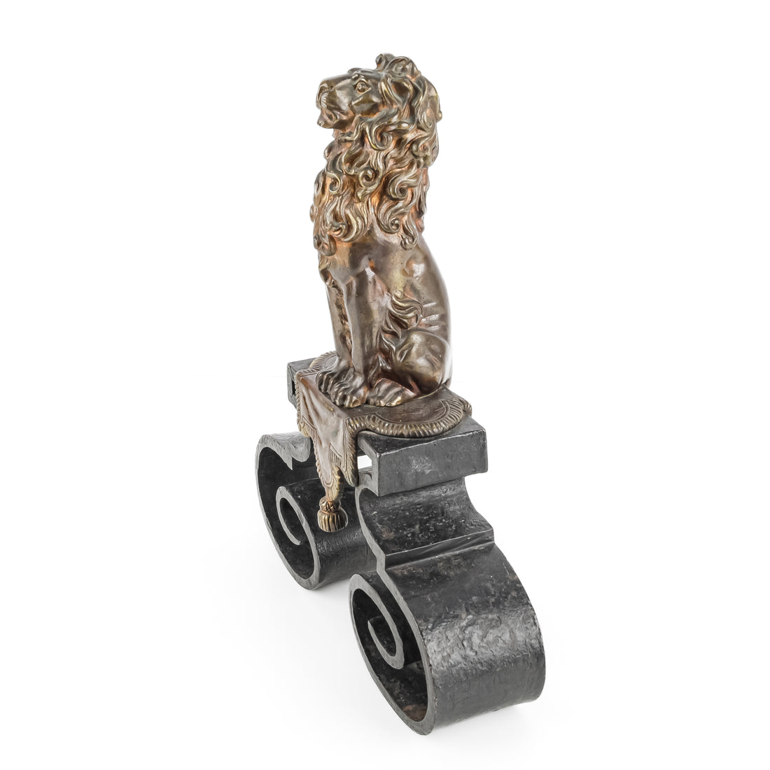 Vintage Bronze & Cast Iron Andirons Lion Motif Set of 2