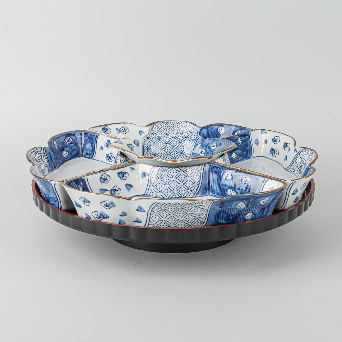 Japanese Lazy Susan With Blue And White Serving Inserts 6 Pieces
