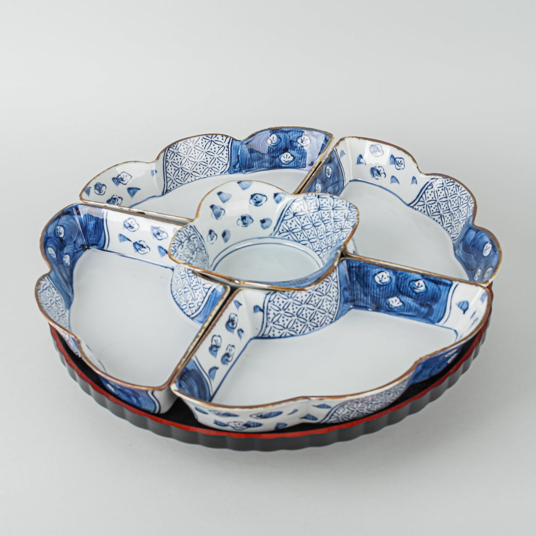 Japanese Lazy Susan With Blue And White Serving Inserts 6 Pieces