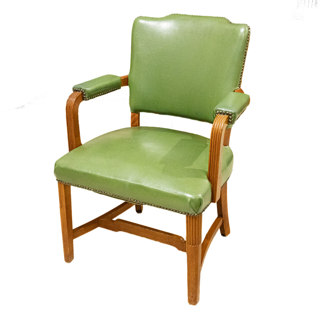 PAIR Vintage Wooden Office Chair With Green Vinyl Nail-head Upholstery
