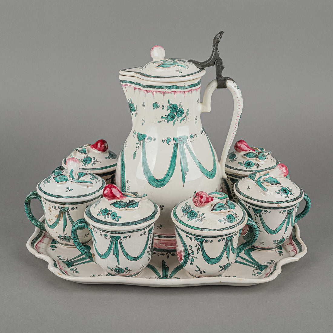 Antique Sceaux France Faience Cocoa Set 14 Pieces