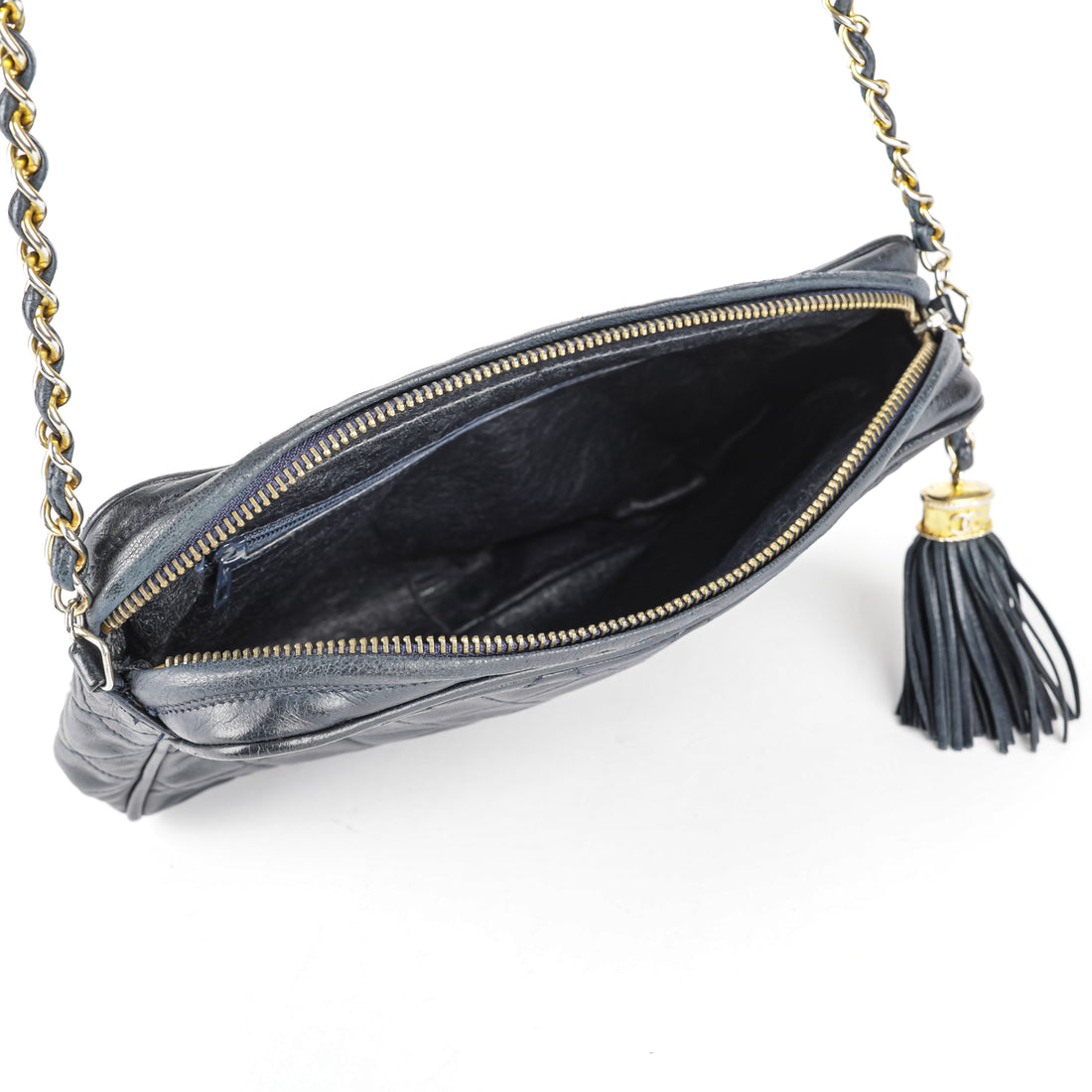 CHANEL Vintage Blue Quilted lambskin Tassel Camera Handbag