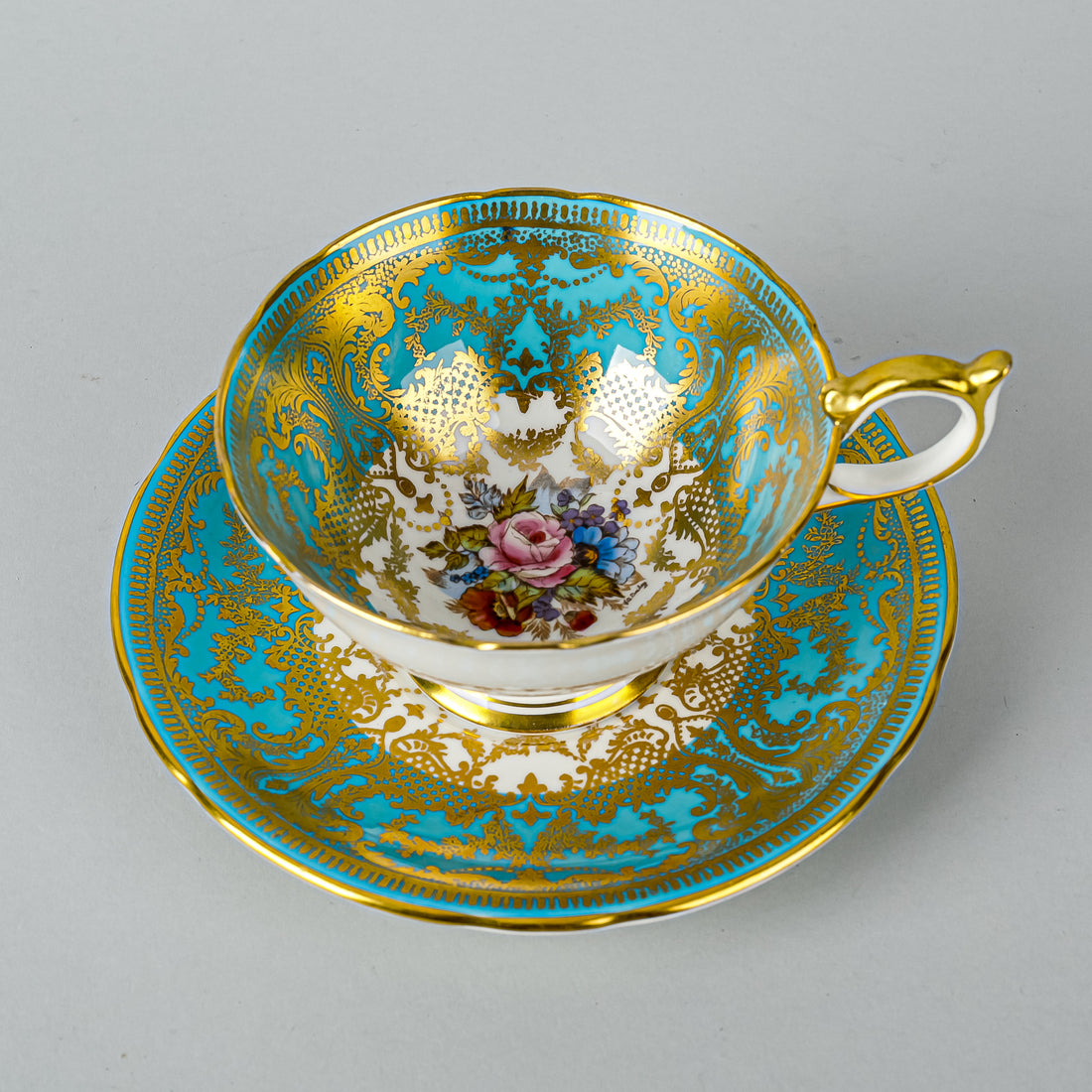 AYNSLEY Cup & Saucer 2488 JA Bailey Floral, Blue & Gold