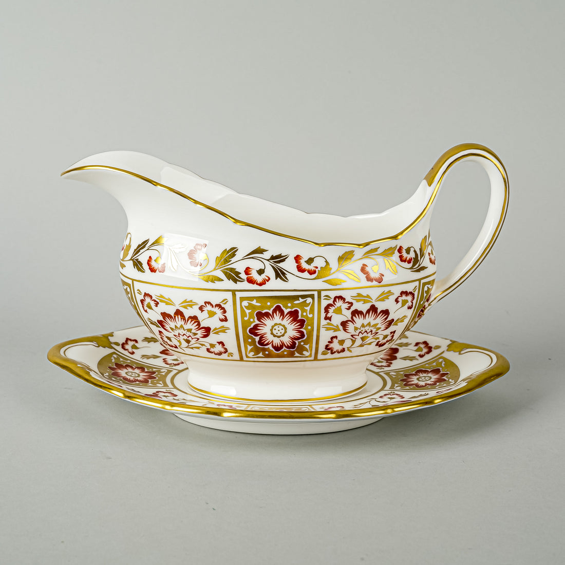 ROYAL CROWN DERBY Red Derby Panel Gravy Boat And Stand