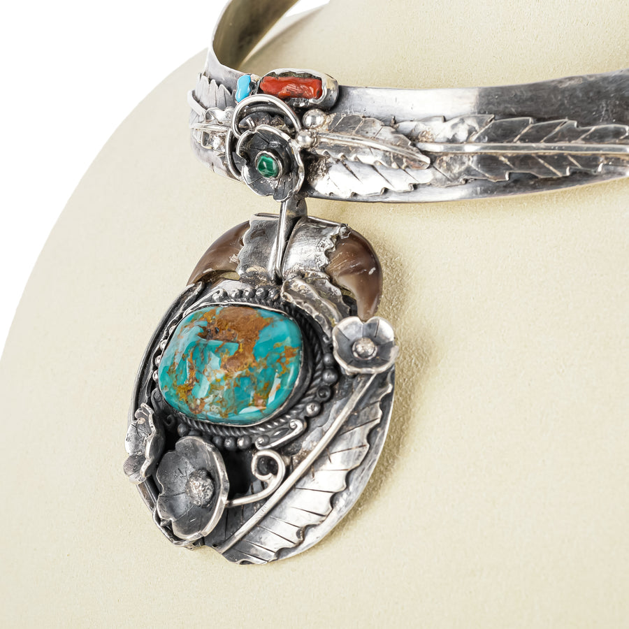 Z Navajo Sterling Turquoise Coral Horn Collar Necklace