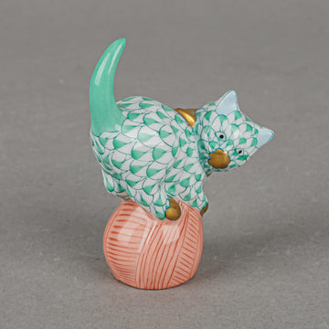 HEREND Figurine Cat On Ball Fishnet Pink