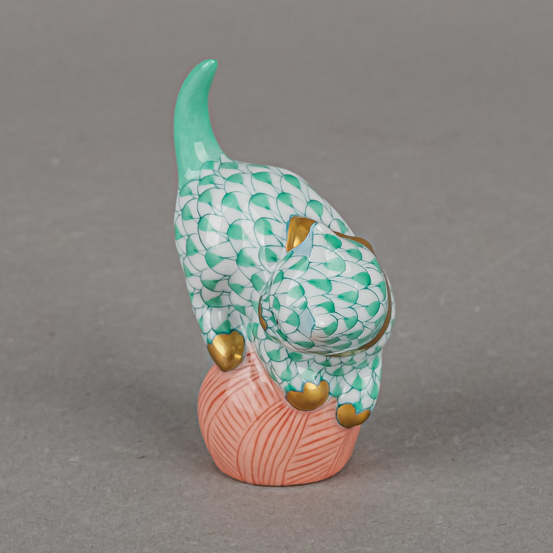 HEREND Figurine Cat On Ball Fishnet Pink