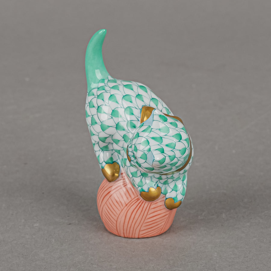 HEREND Figurine Cat On Ball Fishnet Pink