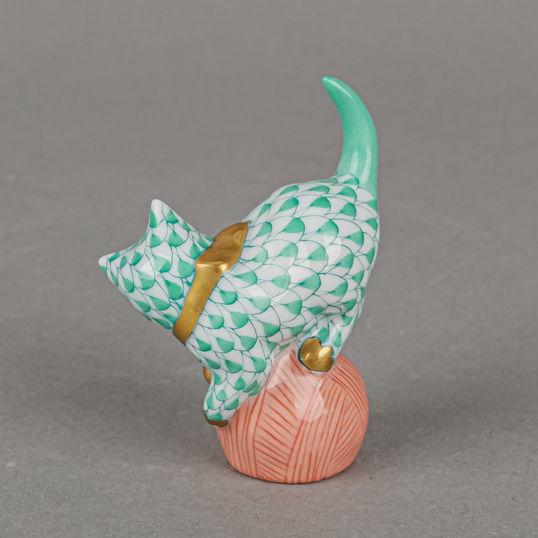 HEREND Figurine Cat On Ball Fishnet Pink