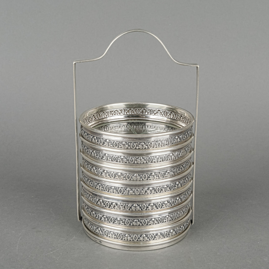 BIRKS Sterling And Cut Crystal Coasters With Stand - 8 Pieces