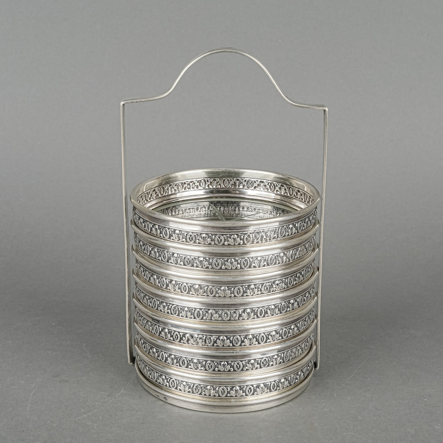 BIRKS Sterling And Cut Crystal Coasters With Stand - 8 Pieces