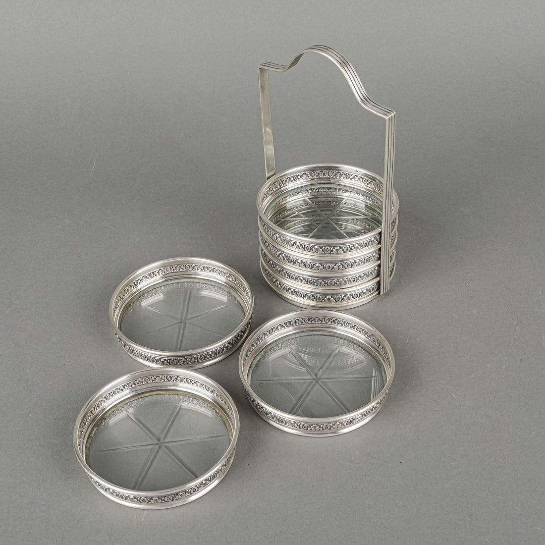 BIRKS Sterling And Cut Crystal Coasters With Stand - 8 Pieces