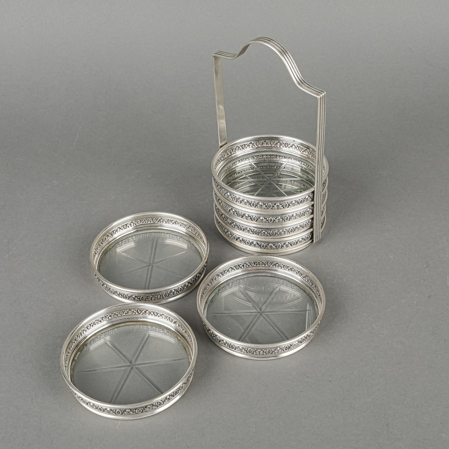 BIRKS Sterling And Cut Crystal Coasters With Stand - 8 Pieces