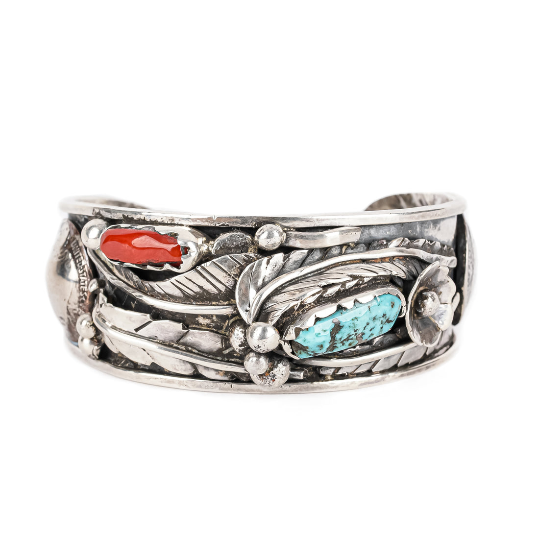 Navajo Sterling Turquoise Coral Coin Cuff Bracelet